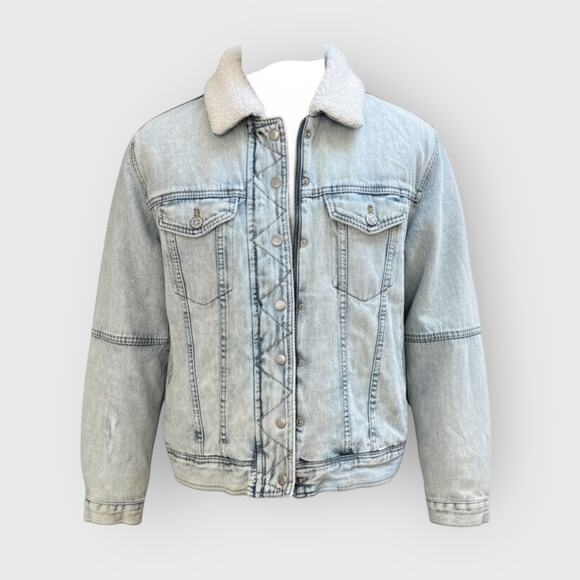 American Eagle Sherpa Lined Denim Jacket Large Light Wash Button Front Pockets - Picture 2 of 12